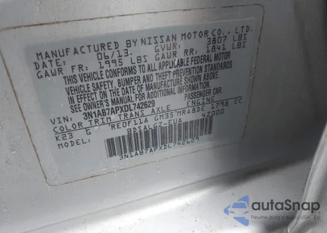 2013 Nissan Sentra Sl z USA, uszkodzony, nr VIN 3N1AB7APXDL742629